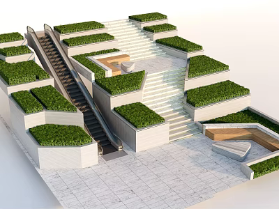 Architectural White Stairs Design With Lush Green Plants And Terrace Platforms 3d model