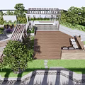 Rooftop Garden With Lush Trees Flowers Wooden Deck And Pergola