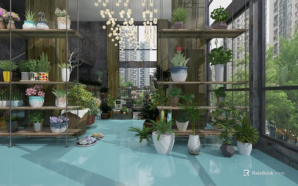 Plant Store With Display Shelves Hanging Lights Various Plants Decorative Pots And Light Blue Floor 3d model 