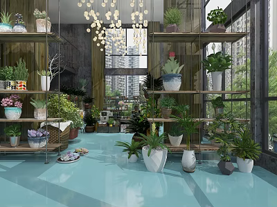 Plant Store With Display Shelves Hanging Lights Various Plants Decorative Pots And Light Blue Floor 3d model