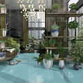 Plant Store With Display Shelves Hanging Lights Various Plants Decorative Pots And Light Blue Floor