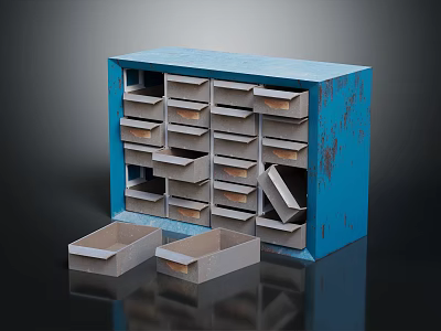 Blue Metal Storage Shelf With Multiple Drawers Partially Open And Gray Drawers 3d model