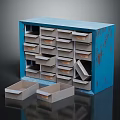 Blue Metal Storage Shelf With Multiple Drawers Partially Open And Gray Drawers