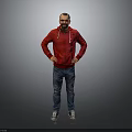 Man In Red Hoodie And Blue Jeans Standing With Hands On Hips Against Gray Background