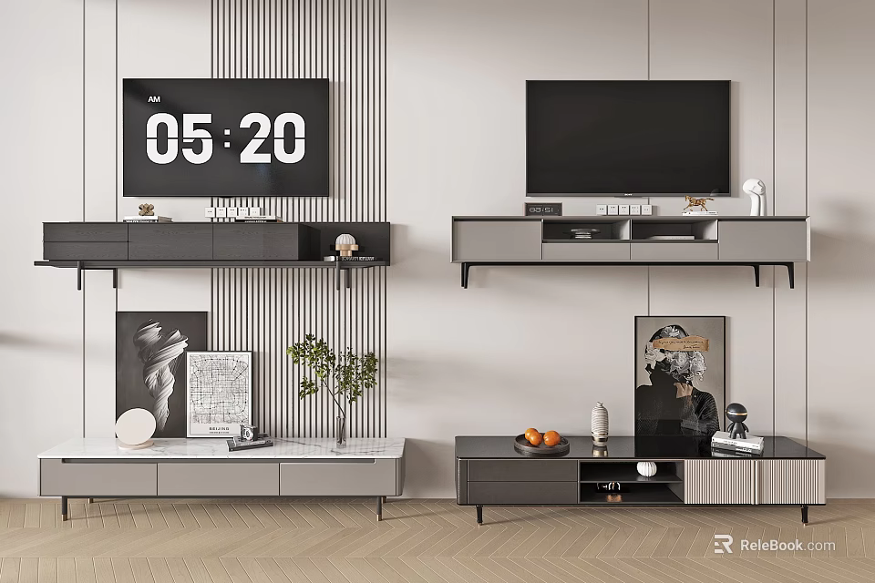 Modern TV Stand with Wall Mounted Units TV Clock Green Plant and Decorative Items 3d model 
