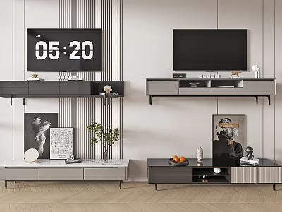 Modern TV Stand with Wall Mounted Units TV Clock Green Plant and Decorative Items 3d model