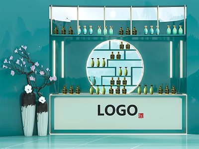 Stylish Bar Counter With Circular Shelves Assorted Bottles Blue Background Flower Vases And Blossom Branches 3d model