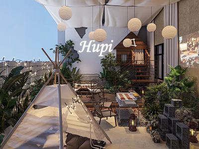 Cozy Outdoor Terrace With Tepee Lush Plants Hanging Lanterns And Seating Area 3d model