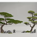 Pair of Decorative Arbor Trees With Unique Branch Structure Rocks And Small Statue