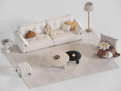 Tufted White Sofa And Coffee Table Set With Round Tables Armchair Floor Lamp And Rug 3d model
