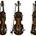 Musical Instruments Collection Featuring Three Classic Violins With Bows And Wooden Craftsmanship
