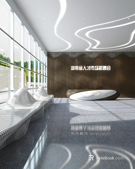 Modern Reception Desk Interior With Large Windows Wooden Panel Wall And Spacious Seating Area 3d model 