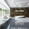 Modern Reception Desk Interior With Large Windows Wooden Panel Wall And Spacious Seating Area