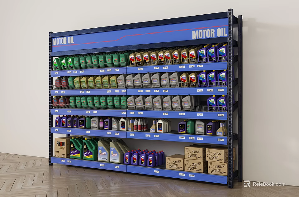 Industrial Motor Oil Storage Rack Featuring Various Oil Products on Multiple Shelves 3d model 