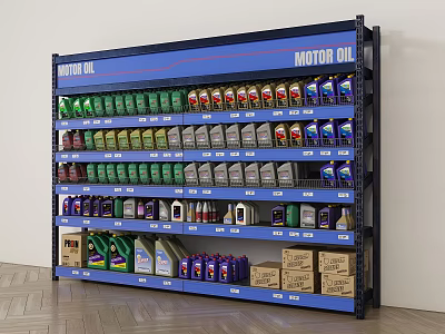 Industrial Motor Oil Storage Rack Featuring Various Oil Products on Multiple Shelves 3d model