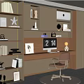 Modern Home Office Interior With Wooden Bookshelves Writing Desk Computer Monitor Calligraphy Art And Chair