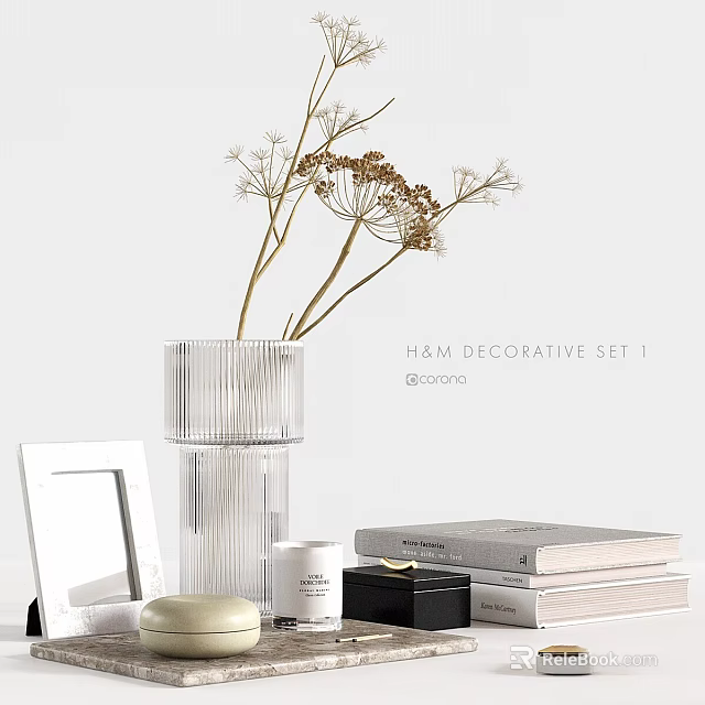 Decorative Ornament Set With Transparent Vase Dried Flowers Photo Frame Candle And Books 3d model 