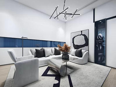 Modern Living Room Interior With White Sofa Black Pillows Coffee Table Rug And Chandelier 3d model