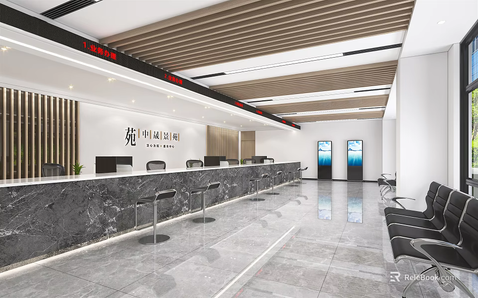 Modern Service Hall Interior Design With Marble Counter Reception Desk And Spacious Seating 3d model