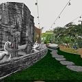 Magical Playground Featuring Rock Wall Swan Sculptures Water Pool Grass Stepping Stones And Lush Plants