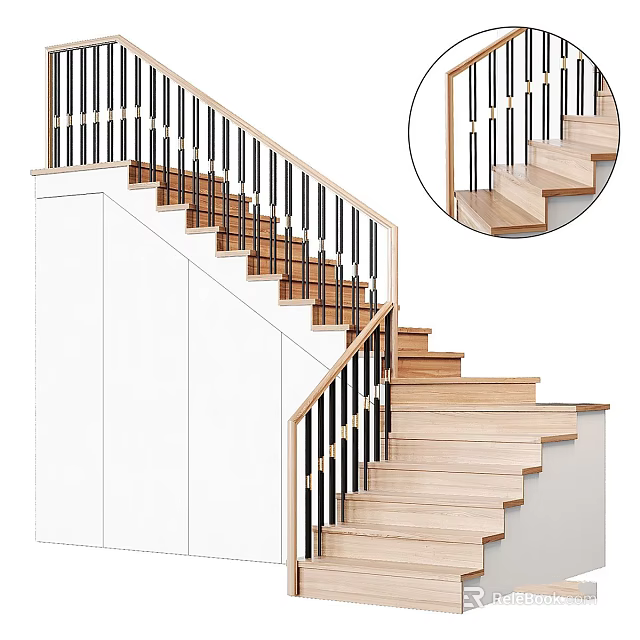 Stylish Modern Staircase With Wooden Steps Black Railings And White Walls Design 3d model 