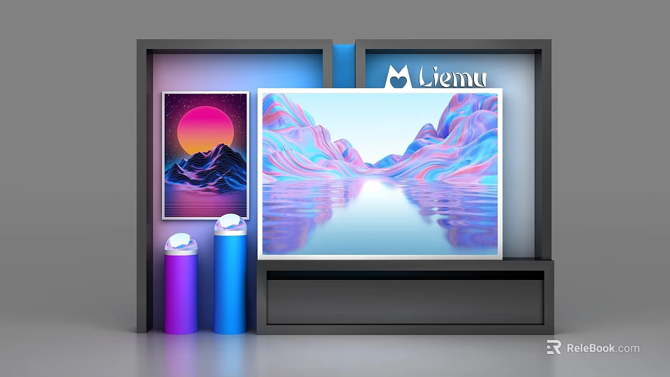 Illuminated Modern Display Shelf With Purple Blue Decorative Cylinders And Paintings 3d model 