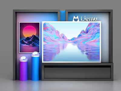 Illuminated Modern Display Shelf With Purple Blue Decorative Cylinders And Paintings 3d model