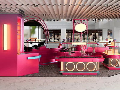 Stylish Pink Specialty Store Interior With Circular Display Counters Lighting And Modern Decor 3d model
