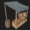 Wooden Fruit Stall with Gray Canopy and Crates of Fresh Fruits Beside Barrel