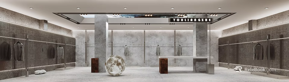 Modern Clothing Store Interior With Gray Walls Hanging Clothes Moon Installation Wooden Display Tables 3d model 