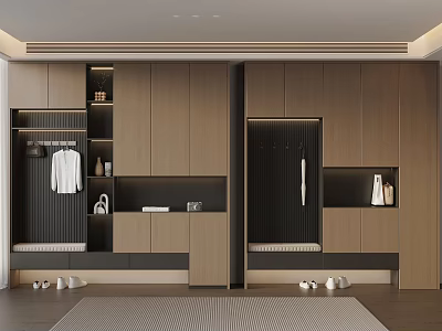 Modern Wooden Shoe Cabinet With Integrated Clothing Rack And Storage Compartments 3d model