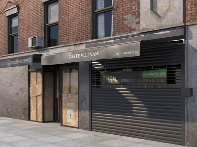 Red Brick And Gray Building Exterior Wall With Store Signs Roller Shutter And Glass Windows 3d model