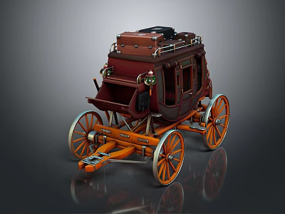 Vintage Maroon Carriage With Orange Wheels And Roof Luggage Trunk Design 3d model