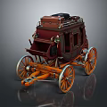 Vintage Maroon Carriage With Orange Wheels And Roof Luggage Trunk Design