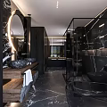 Modern Walk in Closet Interior With Glass Doors LED Lighting And Hanging Garments