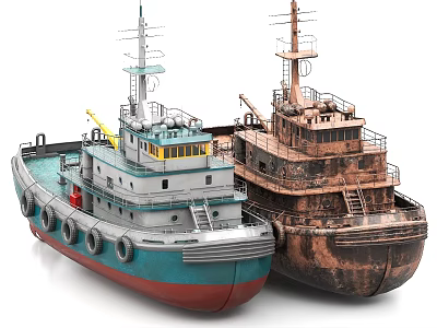 Two Ships With Modern Colorful And Rusty Vintage Designs Side By Side 3d model