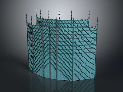 Blue Curved Sculptural Carving With Wavy Texture Screen Design And Spiked Top 3d model