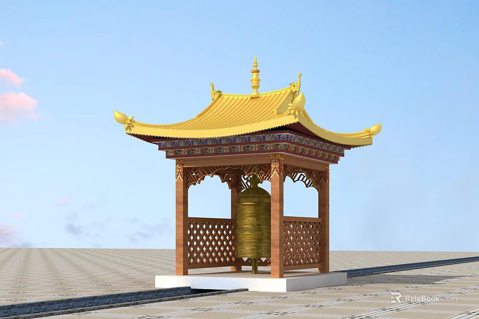 Traditional Pagoda With Golden Roof Wooden Structure Carved Railings And Brass Bell Against Blue Sky 3d model 