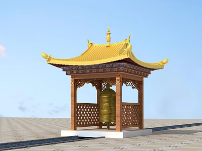 Traditional Pagoda With Golden Roof Wooden Structure Carved Railings And Brass Bell Against Blue Sky 3d model