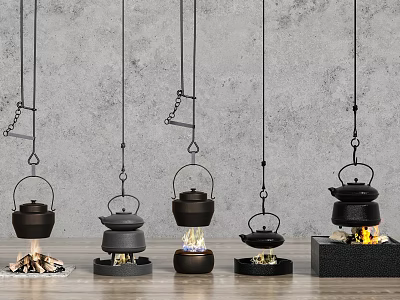 Five Black Hanging Teapots With Different Heating Devices Flames Charcoal Grey Wall And Wooden Floor 3d model