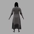 Horror Game Movie Character with Long Black Hair Gray Bloodstained Dress Back View