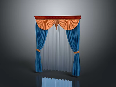 Blue Curtains With Orange Valance And Sheer Panels Window Treatment Design 3d model