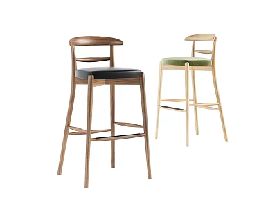 Modern Design Bar Stools With Wooden Frame Black Leather And Green Fabric Seats 3d model