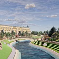 Scenic Landscape With Stone Bridge Water Pool Green Lawns And Historic Buildings Under Blue Sky