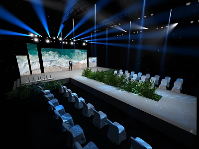 Stage With Blue Lighting Large Screen Seascape View Neatly Arranged White Chairs And Green Plants 3d model