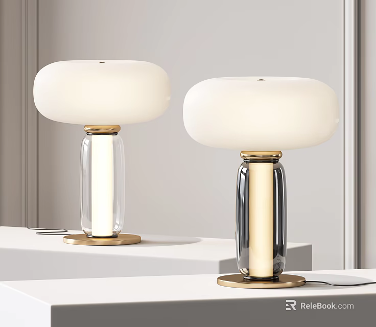 Modern Table Lamps With White Lampshades Gold Accents Transparent Black Bases On White Tabletop 3d model 