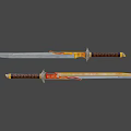 Samurai Swords With Black Orange Glowing Blades Decorative Handles And Sheath On Gray Background