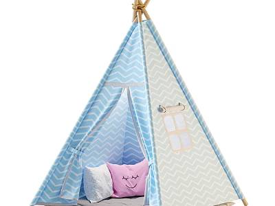 Blue And White Chevron Pattern Kids Tent With Window And Pink Smile Pillow White Cushion 3d model
