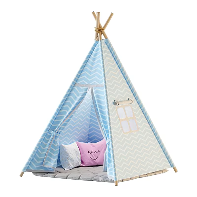 Blue And White Chevron Pattern Kids Tent With Window And Pink Smile Pillow White Cushion 3d model
