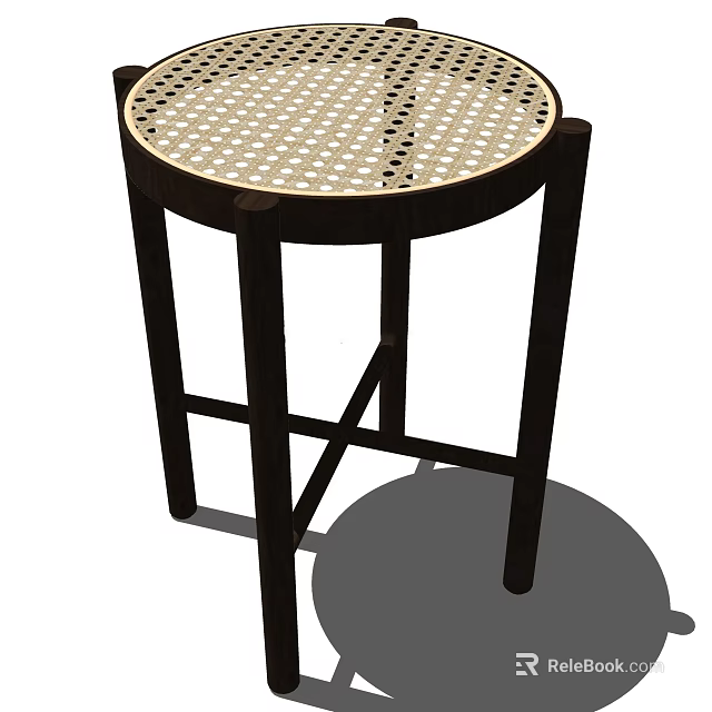 Stylish Dark Wood Bar Stool With Round Lattice Pattern Seat and Crossed Support Legs Design 3d model 